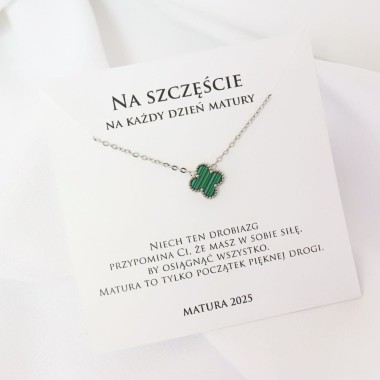 Prezent dla maturzysty z dedykacją naszyjnik srebrna koniczynka w paski
