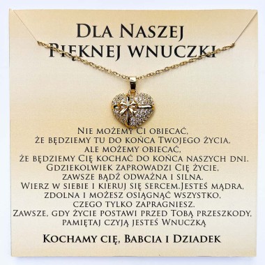 Naszyjnik z dedykacją dla Wnuczki od Babci i Dziadka złoty serce prezent cyrkonie ze stali chirurgicznej