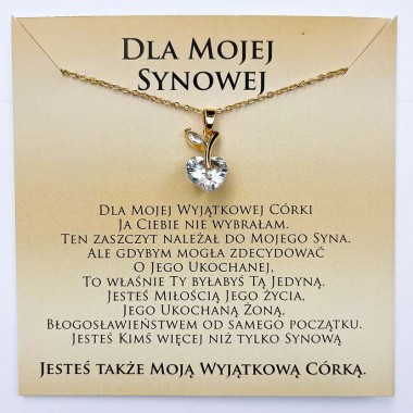 Naszyjnik z dedykacją dla Synowej od Teściowej złoty serce na gałązce cyrkonie stal chirurgiczna