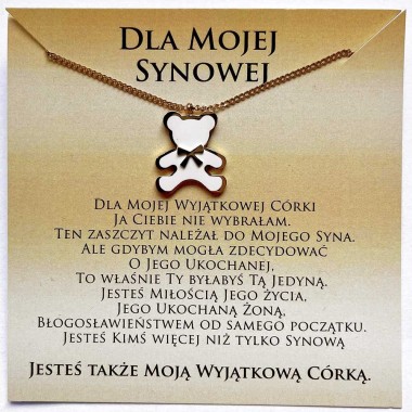 Naszyjnik z dedykacją dla Synowej od Teściowej złoty biały miś ze stali szlachetnej