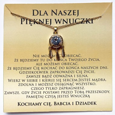 Naszyjnik złoty z dedykacją dla Wnuczki od Dziadków łapacz snów stal chirurgiczna 