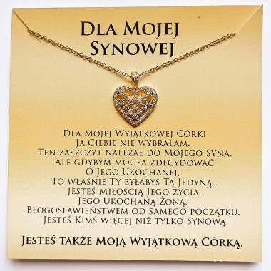 Naszyjnik z dedykacją dla Synowej od Teściowej złoty serce cyrkonie stal chirurgiczna